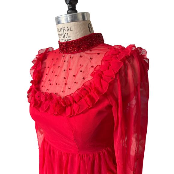 Vintage Red Ruffle & Crystal Embellished Long Sheer Dress Size Small - Picture 2 of 6